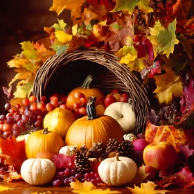 Fall Harvest Cornucopia with Pumpkins and Leaves