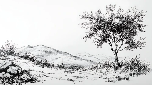 Ink Sketch of a Mountainous Landscape