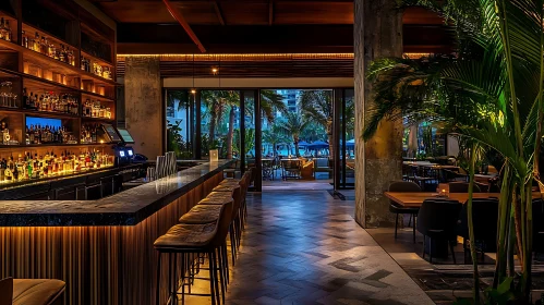 Stylish Interior Bar with Palm Tree Vista