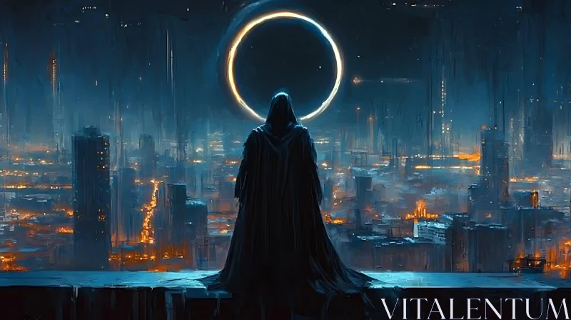 Mysterious Figure Overlooking a Neon Cityscape AI Image