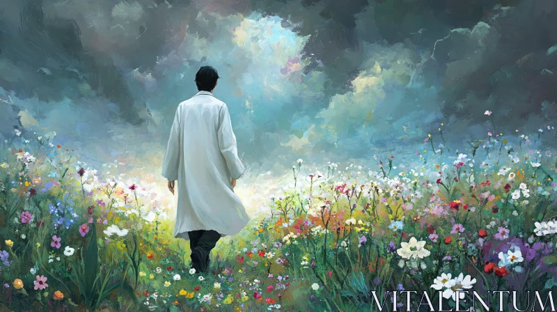 AI ART Person Walking in Flower Field Painting