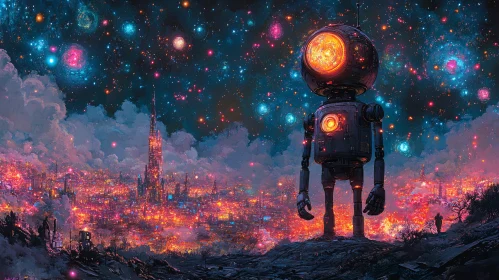 Starlit Cityscape with Robot Guardian