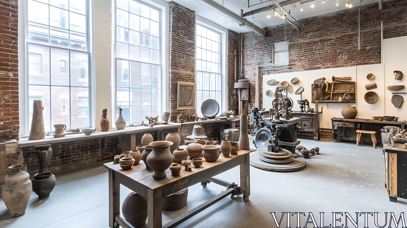 AI ART Charming Pottery Workshop with Brick Walls and Ample Natural Light