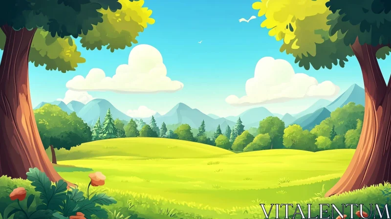 Idyllic Cartoon Landscape with Green Field AI Image