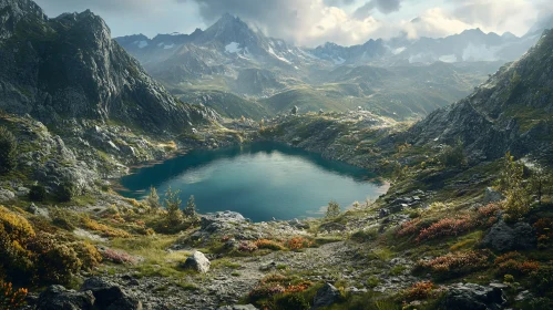 Scenic Mountain Landscape with Lake and Flora