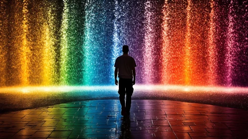 Man in front of Colorful Waterfall