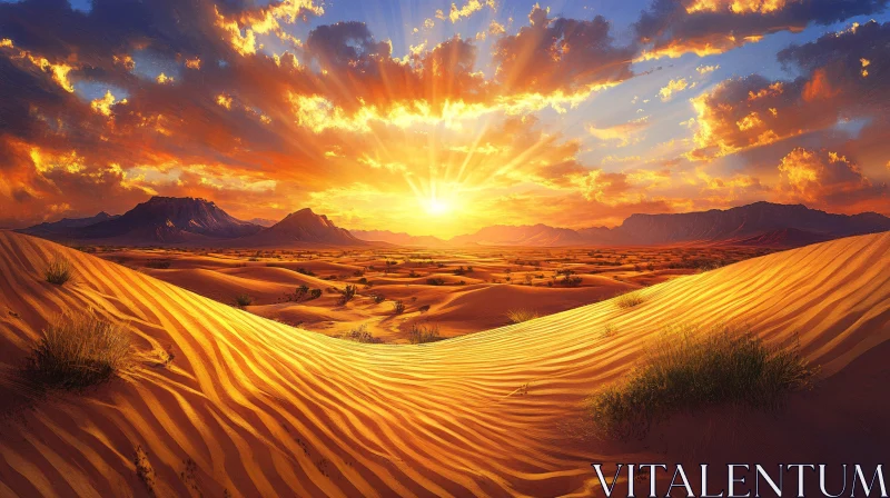 AI ART Desert Sunset with Golden Sand Dunes and Distant Mountains