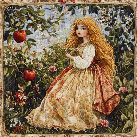 Young Blonde Girl in Floral Dress in a Garden