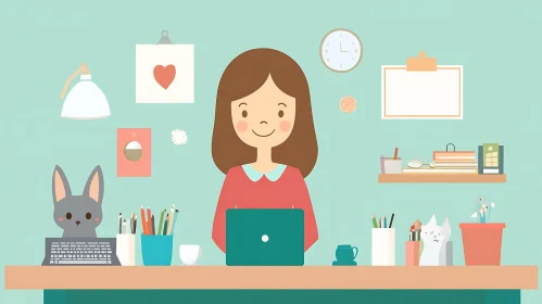 Whimsical Home Office Illustration with Woman and Pets