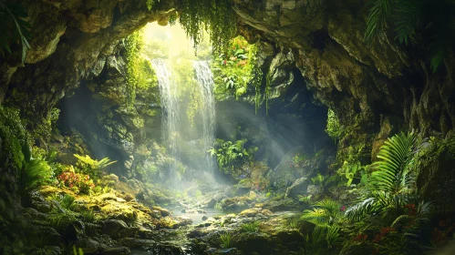 Mystical Sunlit Cave with Waterfall AI Image