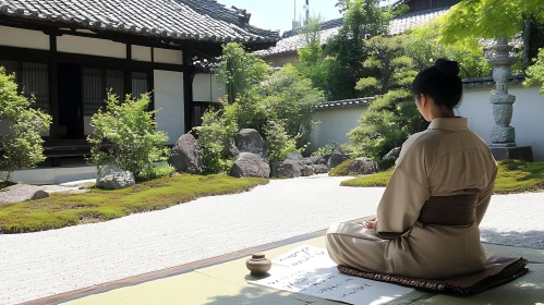 Meditative Moment in Japanese Zen Garden