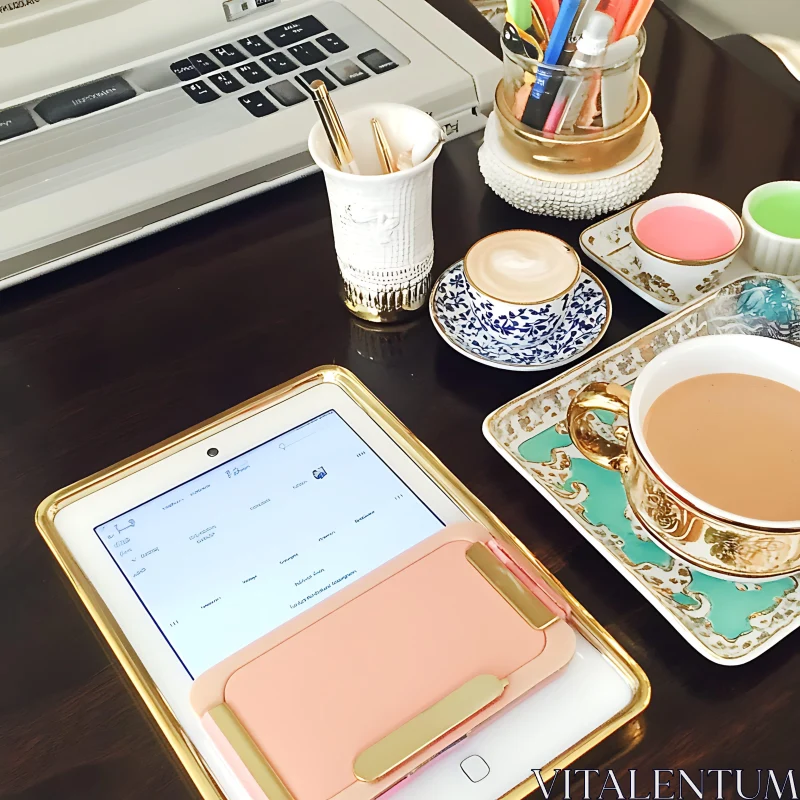 Work Space with Coffee, Tea, and Tablet AI Image