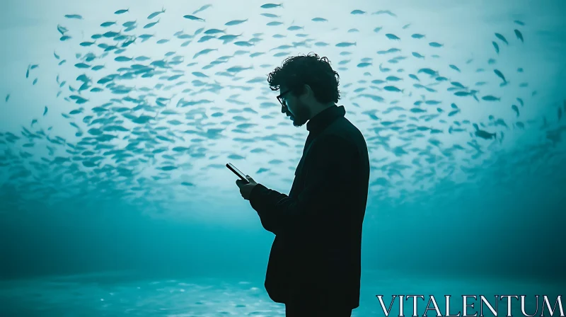 AI ART Underwater Contemplation: Man with Mobile Device