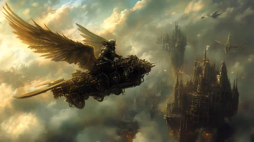 Winged Steampunk Machine in Cloudy Sky