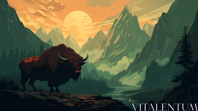 Bison in Mountainous Landscape at Sunset - Neo-Pop Style AI Image