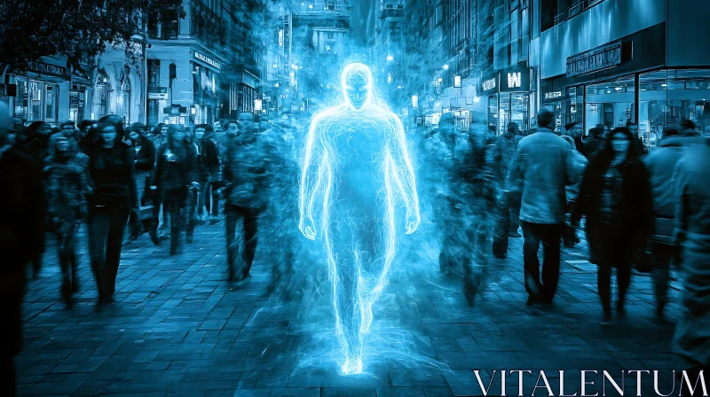 Blue Energy Walking Through the Crowd AI Image