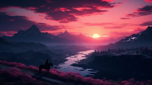 Enchanting Mountain Sunset Landscape with Horseback Rider