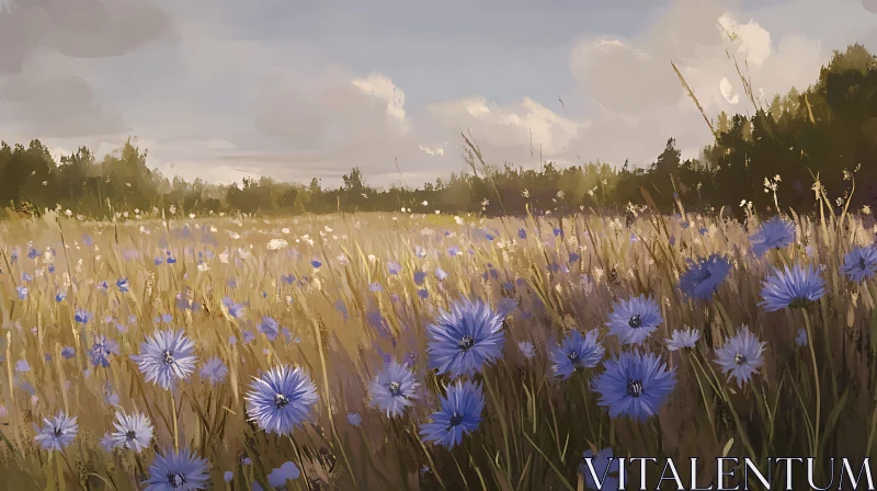 AI ART Floral Field with Blue Cornflowers