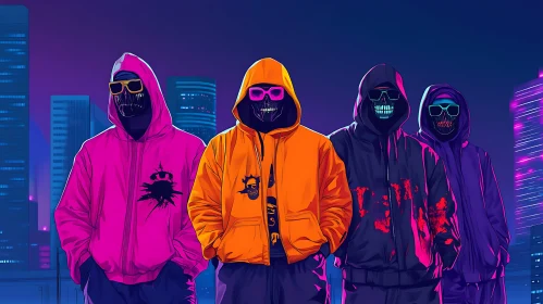 Masked Figures Cityscape Neon Art