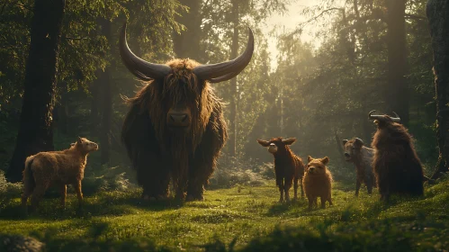 Highland Cattle Family in Woodland Scene