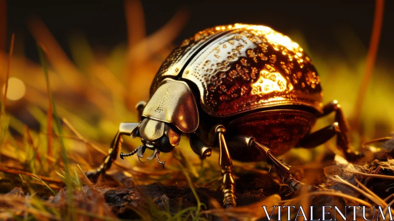 Golden Beetle in Grass - Realistic Steampunk Art AI Image