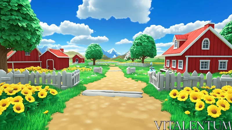 AI ART Peaceful Farm with Sunflowers and Red Houses