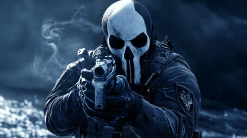 Skull Masked Soldier Aiming Firearm