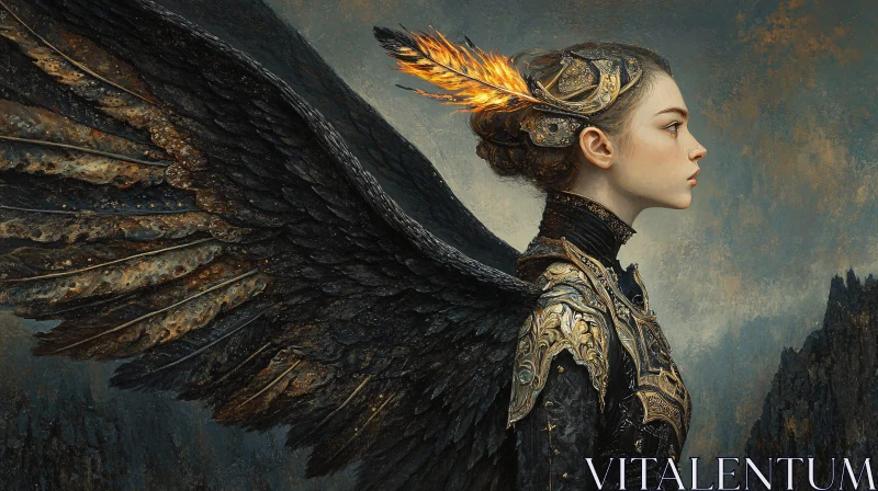 AI ART Dark Angel Portrait with Fiery Feather