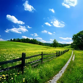 Green Field with Flowers and Fence