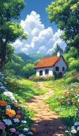 Idyllic Cottage Landscape with Flower Meadow