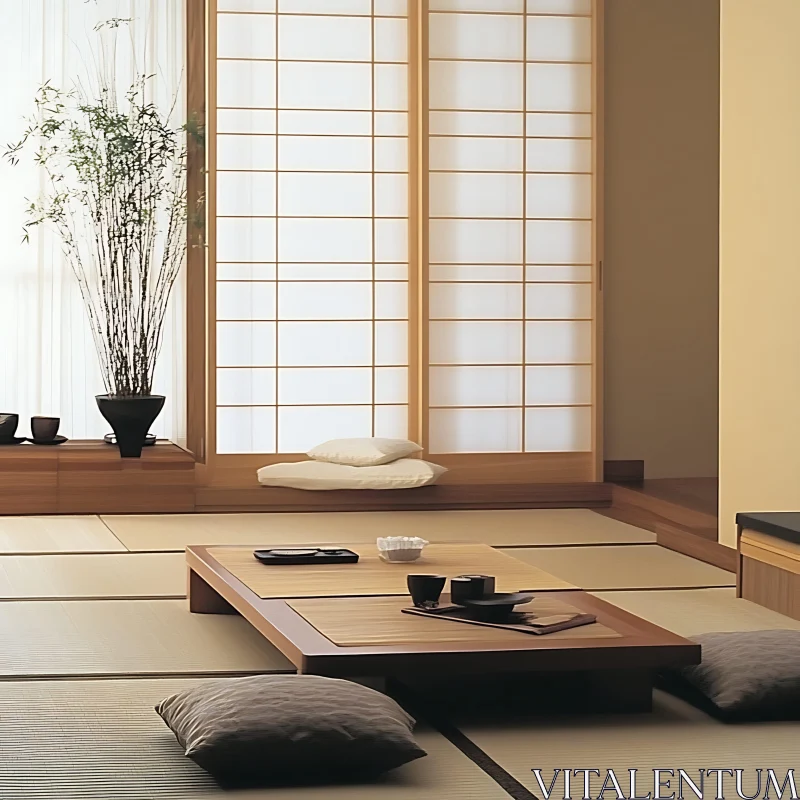 Serene Japanese Room with Tea Ceremony Setup AI Image