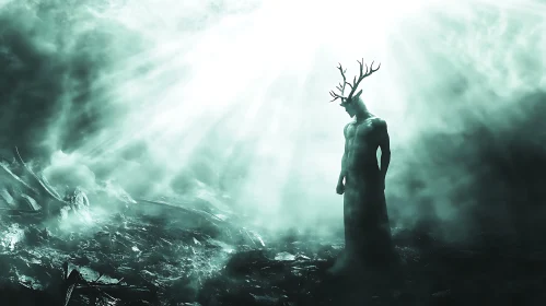 Ethereal Antlered Character in Foggy Scene