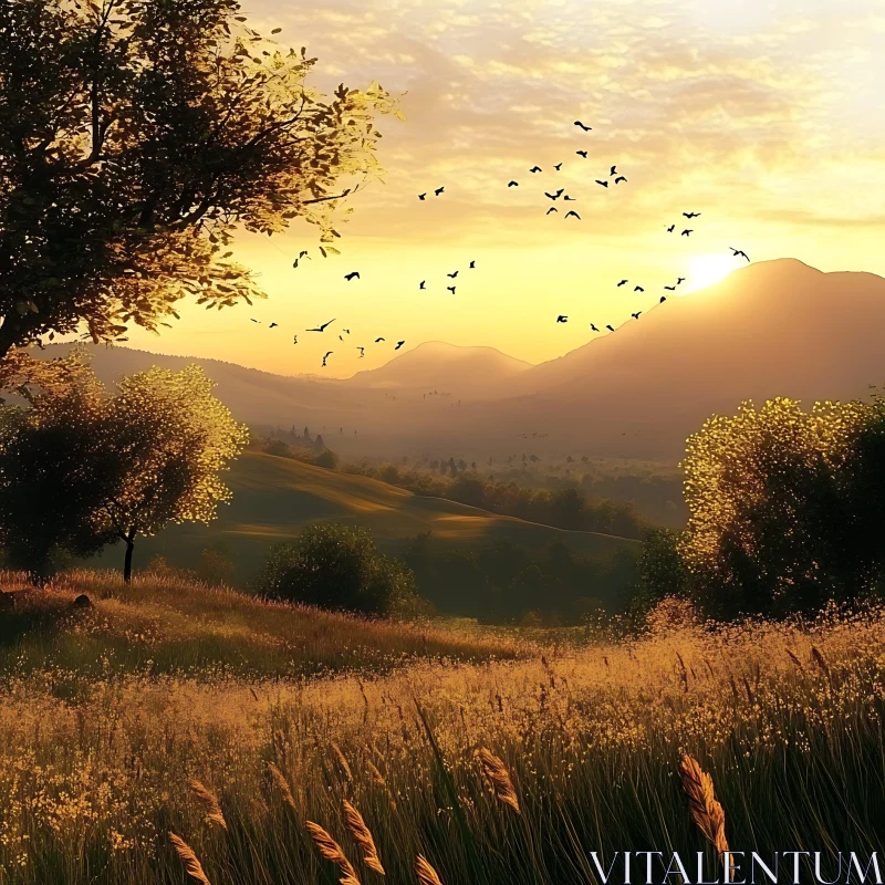 AI ART Peaceful Sunset Landscape with Birds