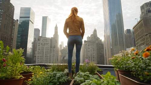 Urban Oasis: Woman in Rooftop Garden