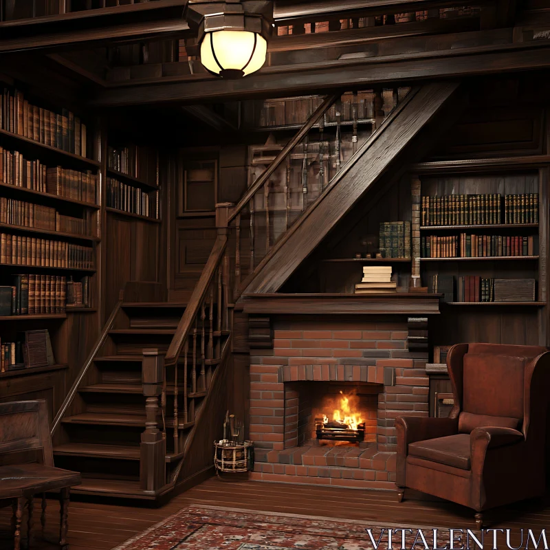 AI ART Cozy Library with Fireplace and Bookshelves