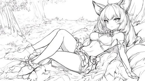 Anime Fox Girl Relaxing in Field