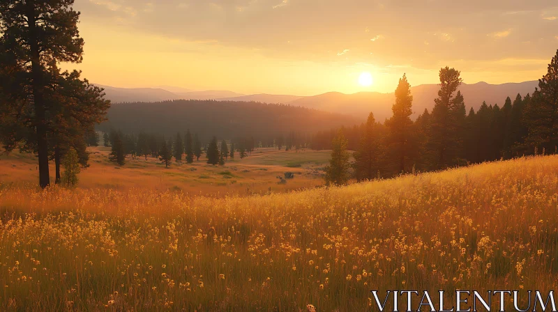 Peaceful Sunset Over Golden Meadow AI Image