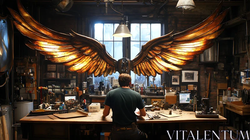 Golden Wings in a Craftsman's Studio AI Image