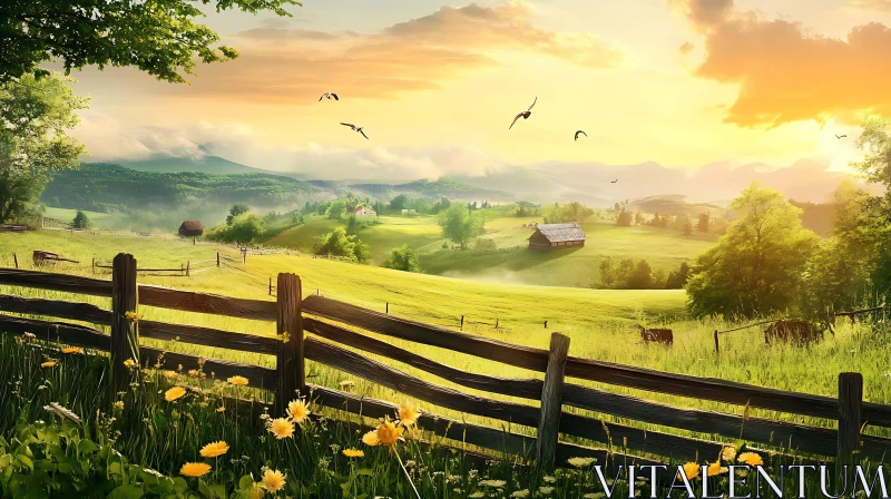 AI ART Sunset Over Rolling Hills and Meadow