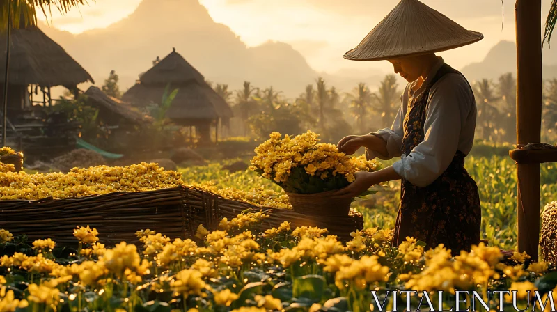 Woman Harvesting Yellow Flowers Field AI Image