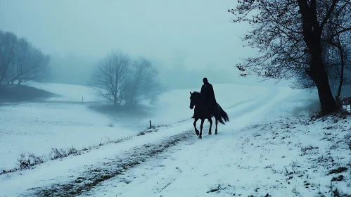 Silhouette of Horse Rider in Winter