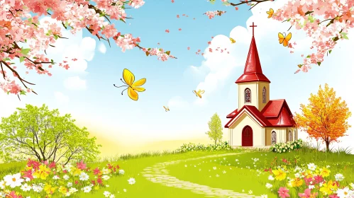 Idyllic Church Scene with Floral Meadow