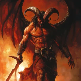 Demon with Sword in Fiery Landscape