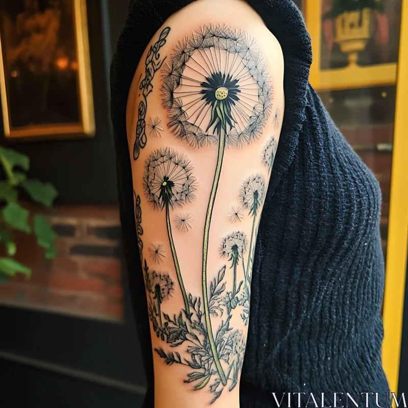 Floral Dandelion Ink on Upper Arm AI Image