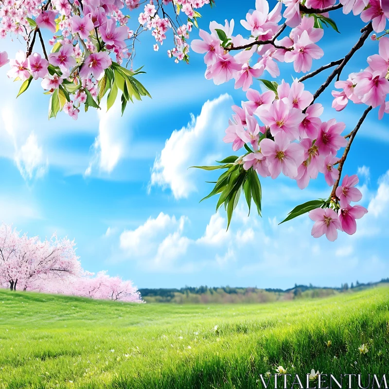 AI ART Spring Meadow with Cherry Blossoms