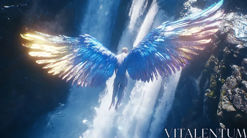 Winged Angel Soaring near Waterfall AI Image