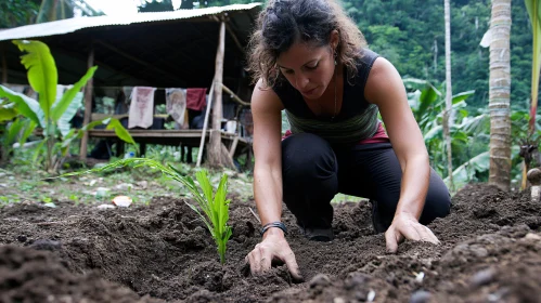 Gardening Woman Plants a Sprout