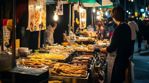 Evening Culinary Delights at a Busy Street Market