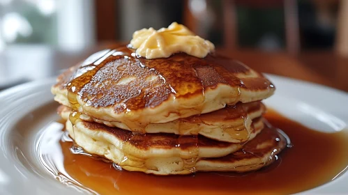 Golden Pancakes with Butter and Syrup