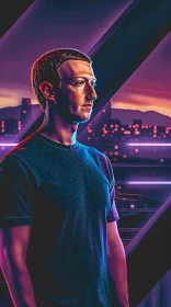 Neon Cityscape Portrait of Mark Zuckerberg